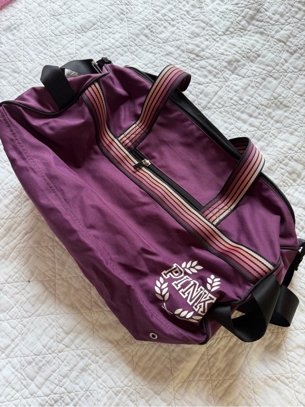 PINK Victoria's Secret Plum Duffel Bag with Striped Handles